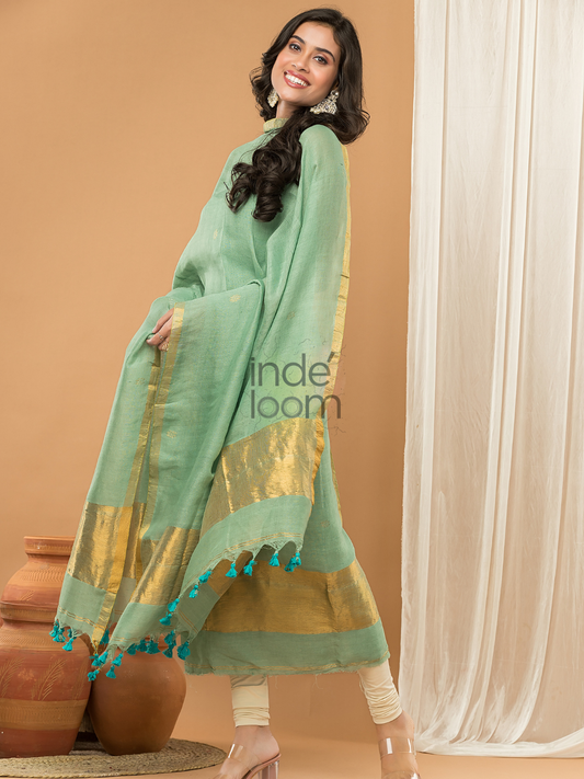 Pastel Green color with gold Jamdani 2-Piece Set Kurti & Dupatta (UNSTITCHED) - 160