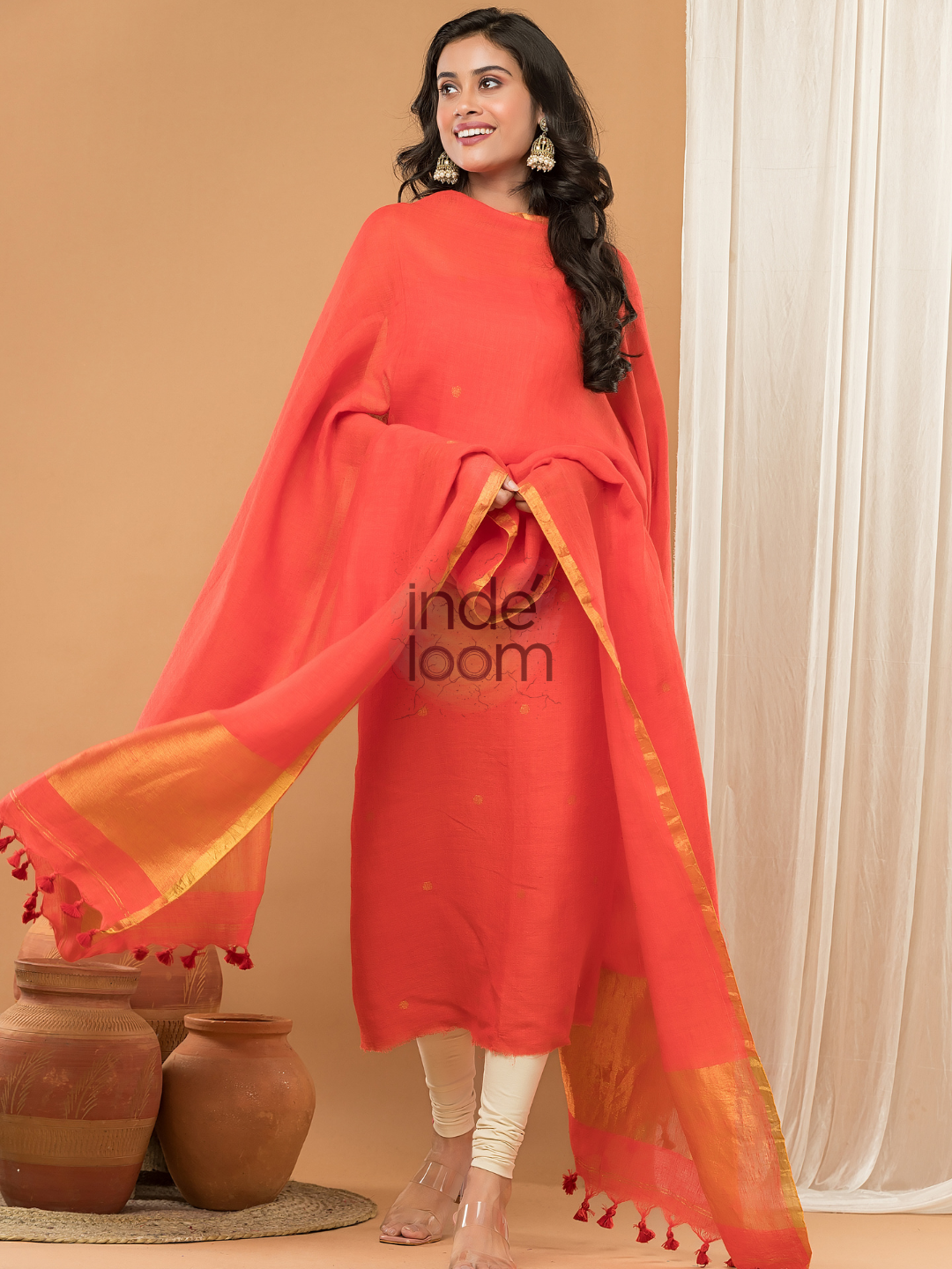 Linen Jamdani Unstitched 2-Piece Kurti  |  Bright Red