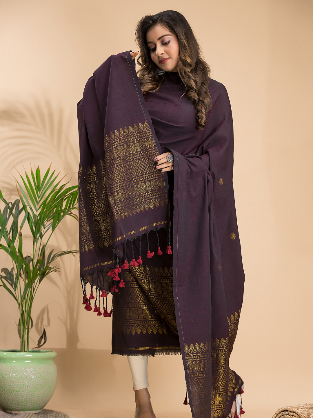 Umber Brown Organic Linen 2-Piece Set Kurti & Dupatta (UNSTITCHED) - 101