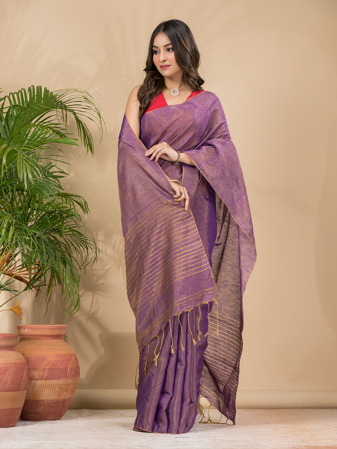 Tissue Linen Handloom Saree With Grape Purple - 017