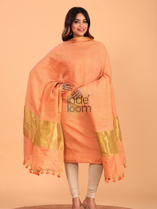 Coral Orange Tissue Linen Jamdani 2-Piece Set Kurti & Dupatta (UNSTITCHED) - 073