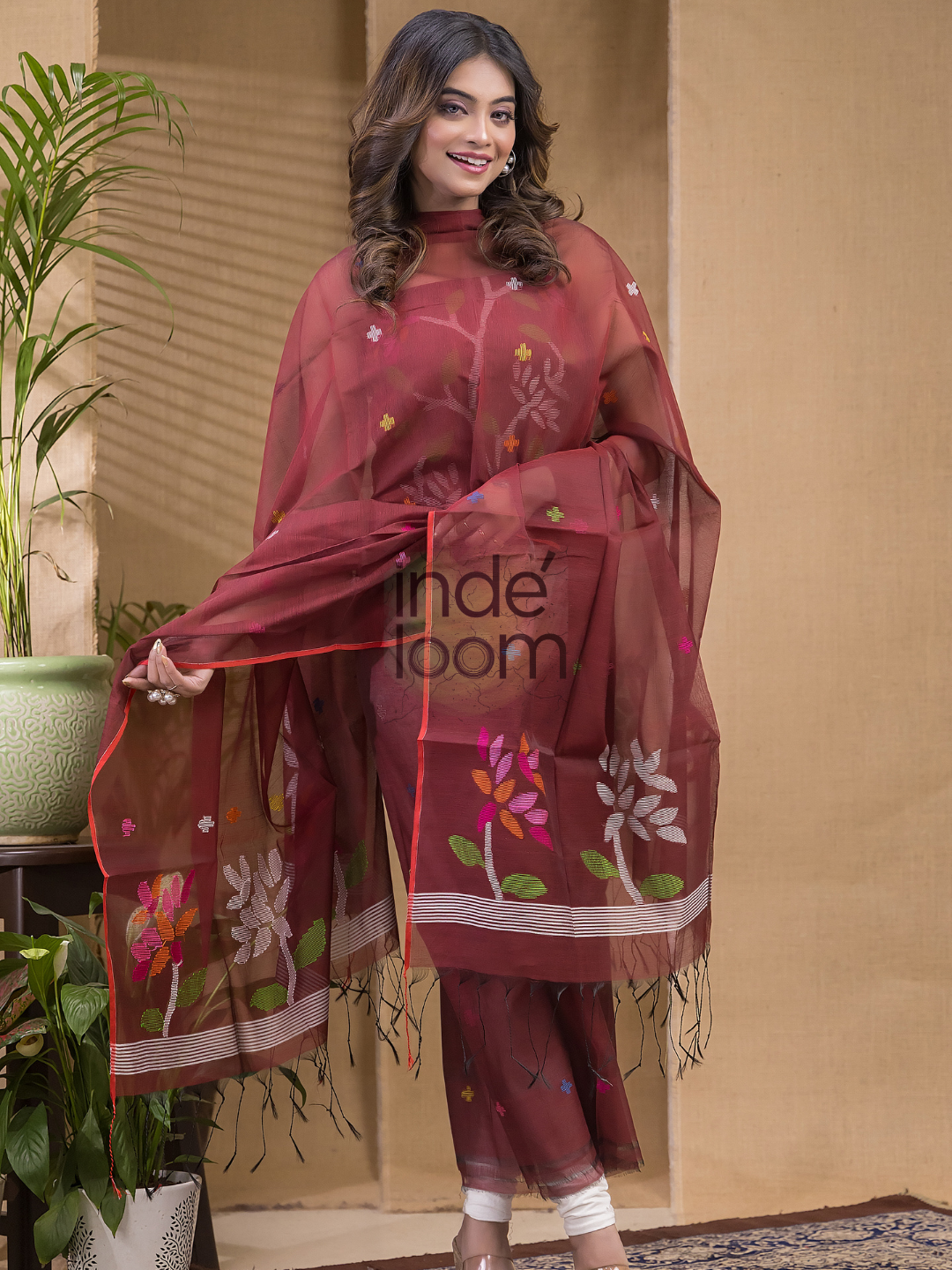 Blood Red Jamdani 2-Piece Set Kurti & Dupatta (UNSTITCHED) -672