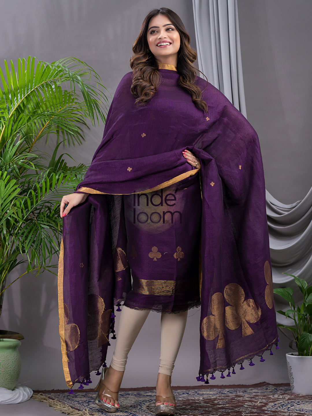 Wine Purple Cotton Linen 2-Piece Set Kurti & Dupatta (UNSTITCHED) - 123