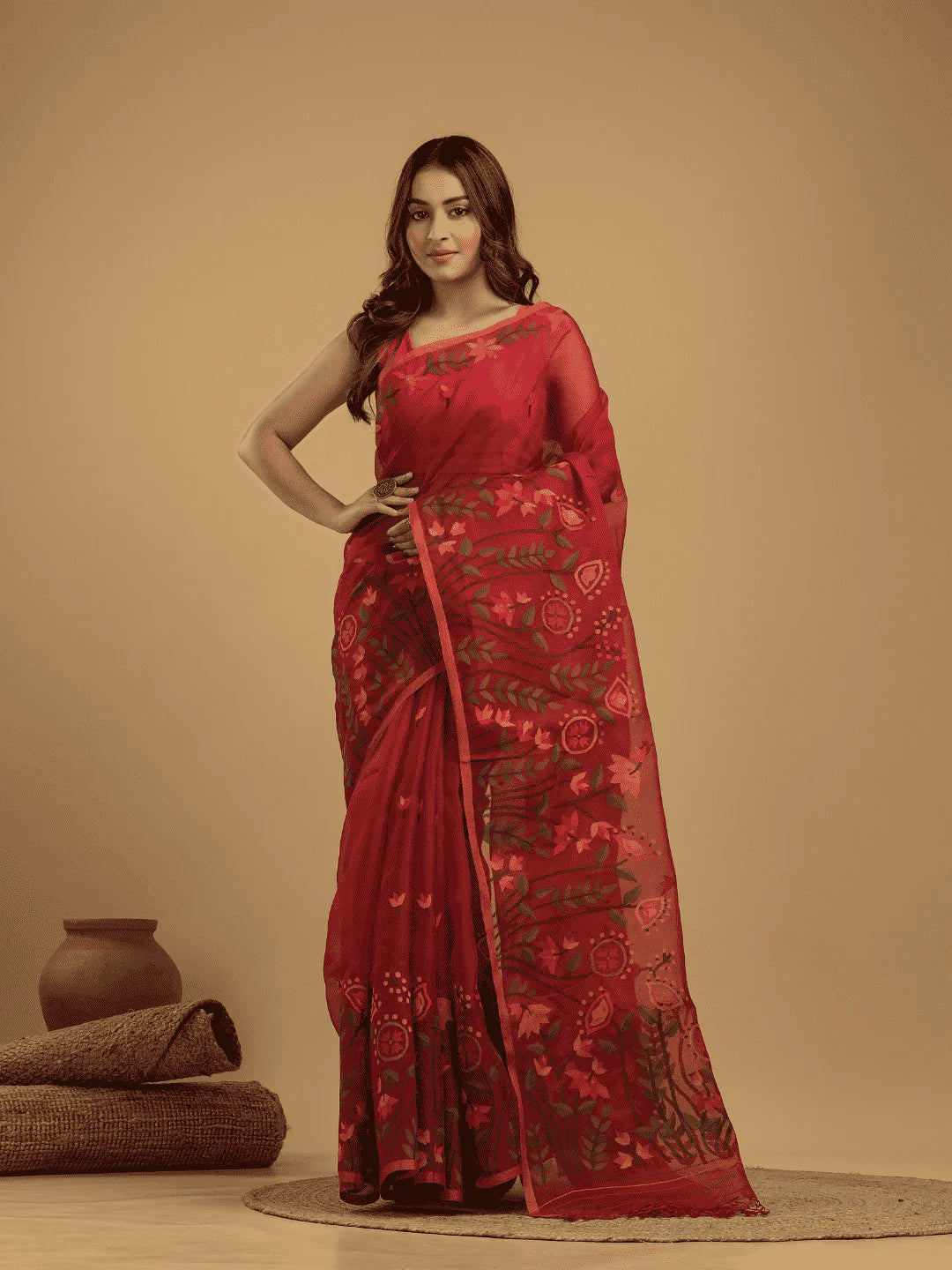 Handwoven Pure Jamdani Muslin Saree  |  Classic Red