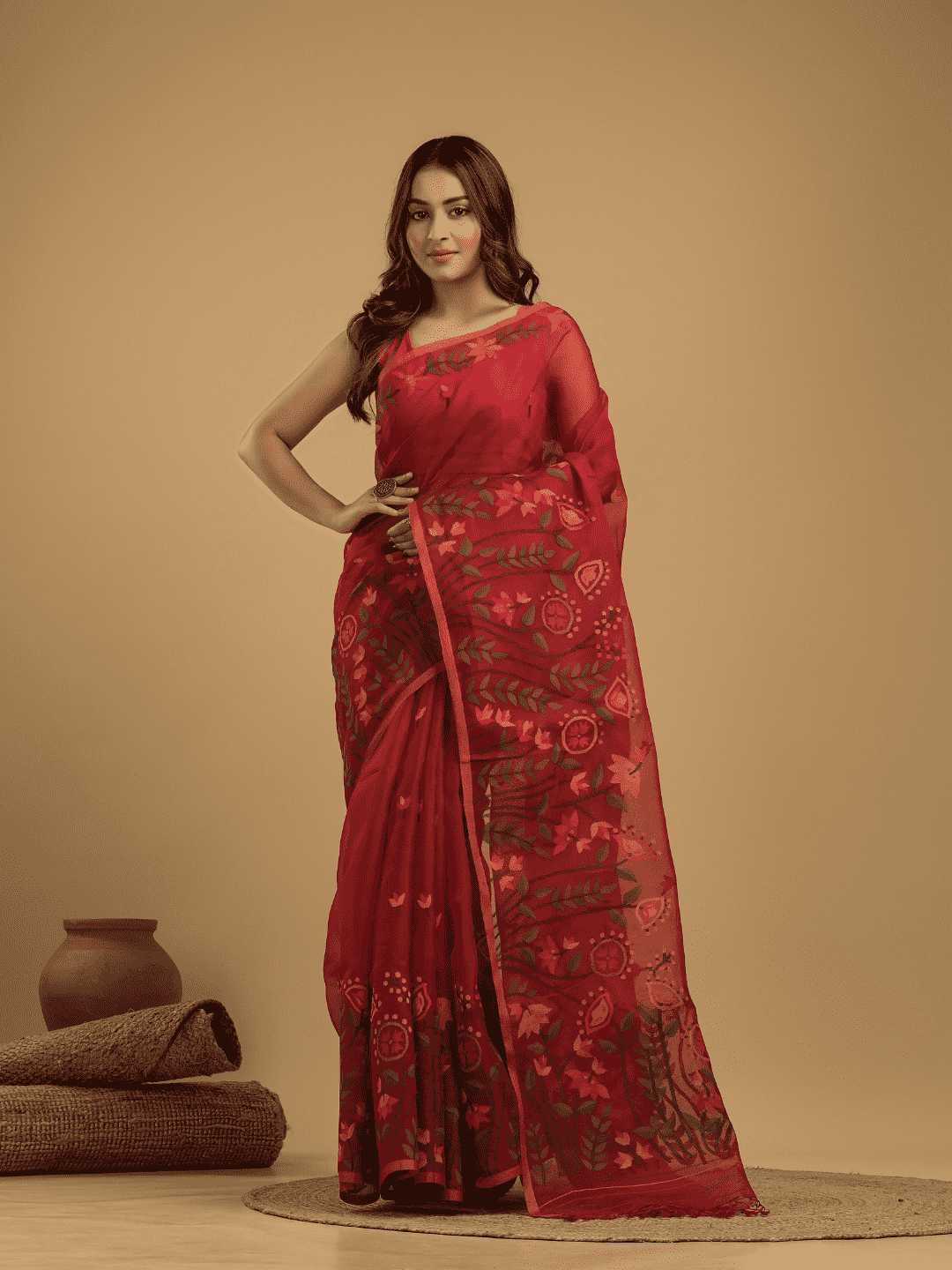 Pure Hand Made Muslin Jamdani Saree With Chilli Red - 026