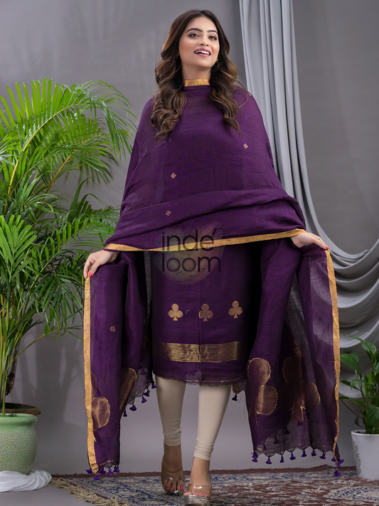 Wine Purple Cotton Linen 2-Piece Set Kurti & Dupatta (UNSTITCHED) - 123