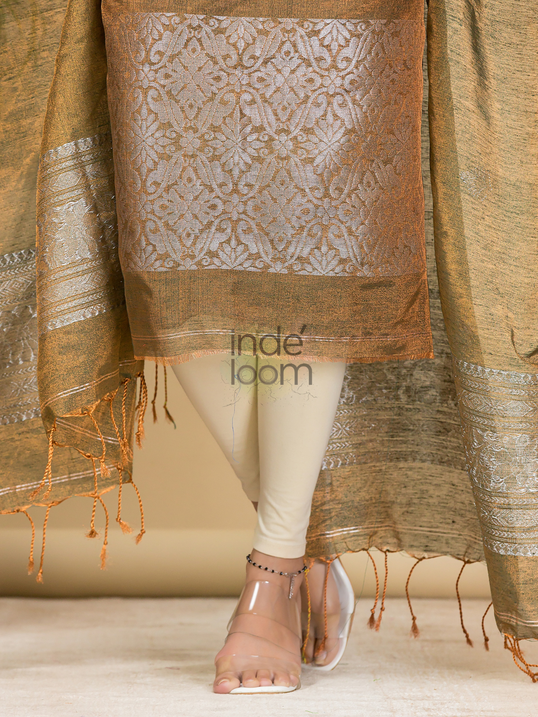 Desert Brown Tissue Linen Silver Zari Jamdani 2-Piece Set Kurti & Dupatta (UNSTITCHED) - 882
