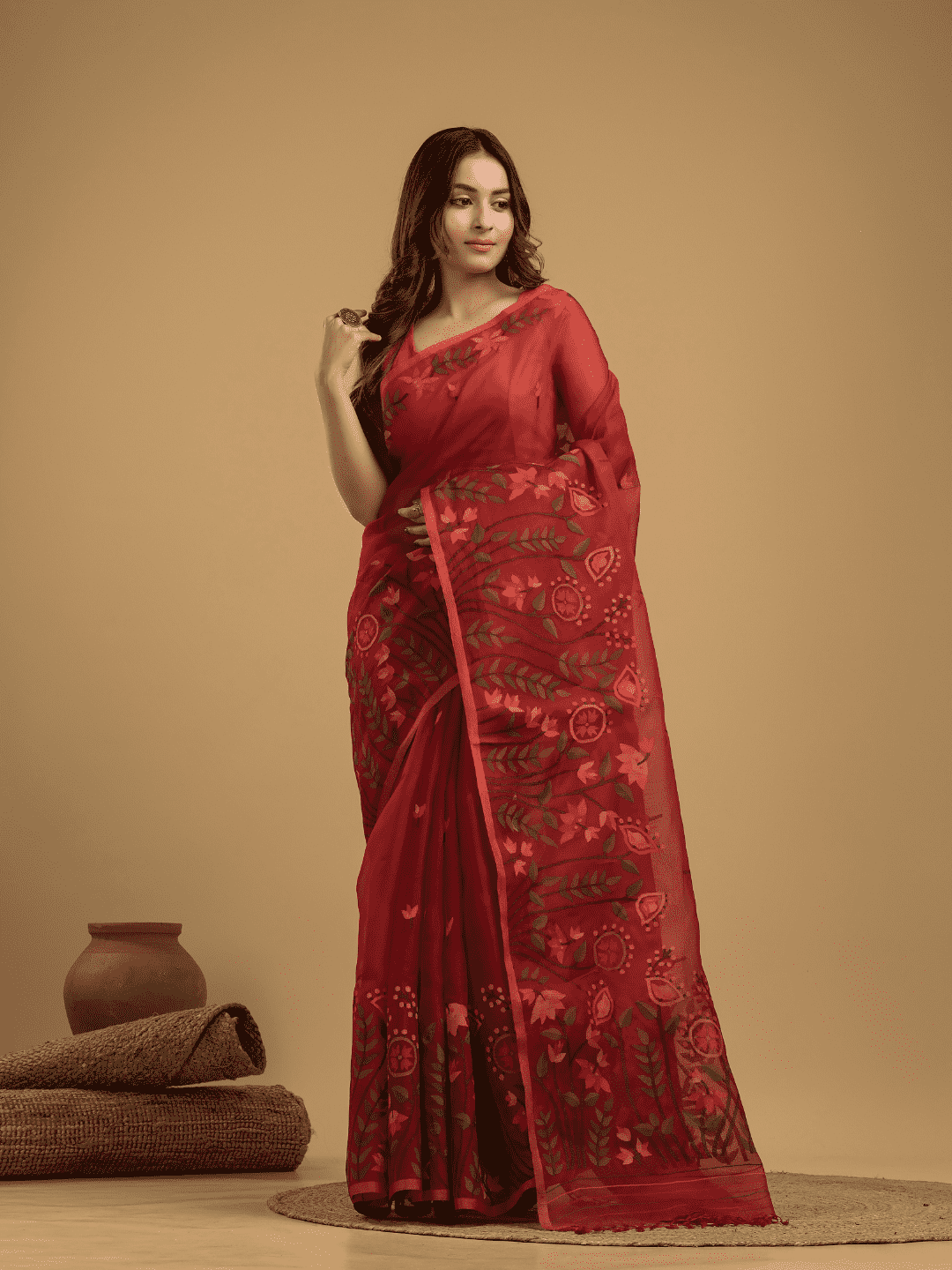 Pure Hand Made Muslin Jamdani Saree With Chilli Red - 026