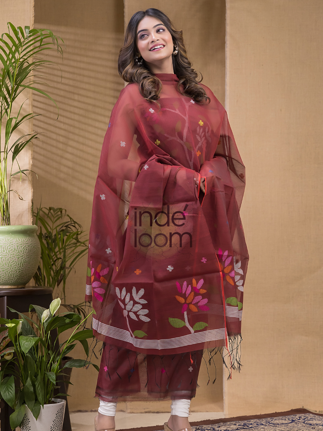 Blood Red Jamdani 2-Piece Set Kurti & Dupatta (UNSTITCHED) -672
