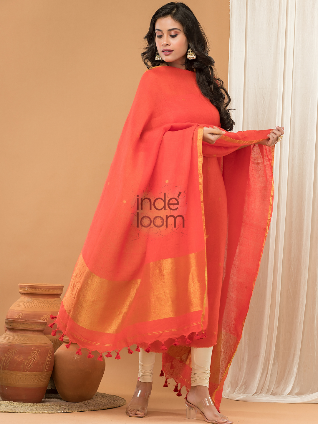 Linen Jamdani Unstitched 2-Piece Kurti  |  Bright Red