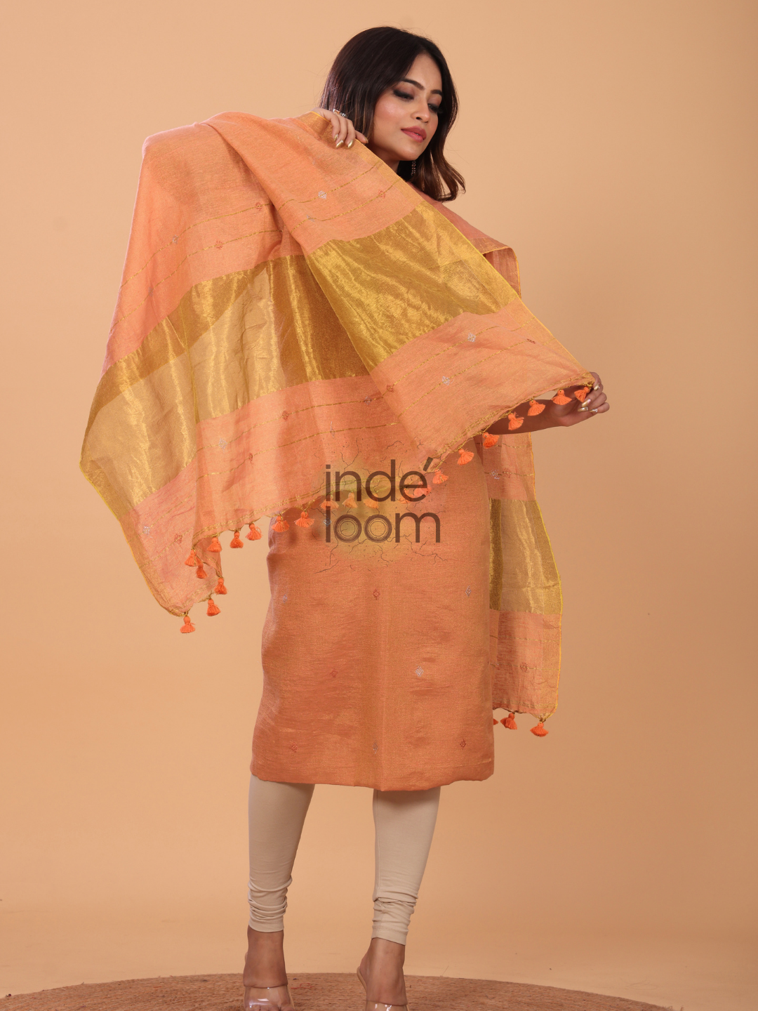 Coral Orange Tissue Linen Jamdani 2-Piece Set Kurti & Dupatta (UNSTITCHED) - 073
