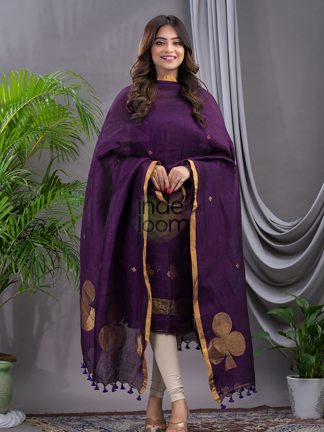 Wine Purple Cotton Linen 2-Piece Set Kurti & Dupatta (UNSTITCHED) - 123