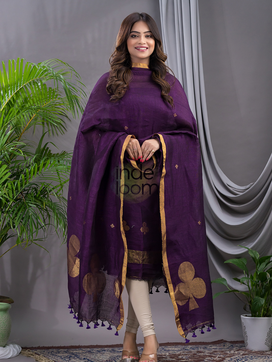 Wine Purple Cotton Linen 2-Piece Set Kurti & Dupatta (UNSTITCHED) - 123