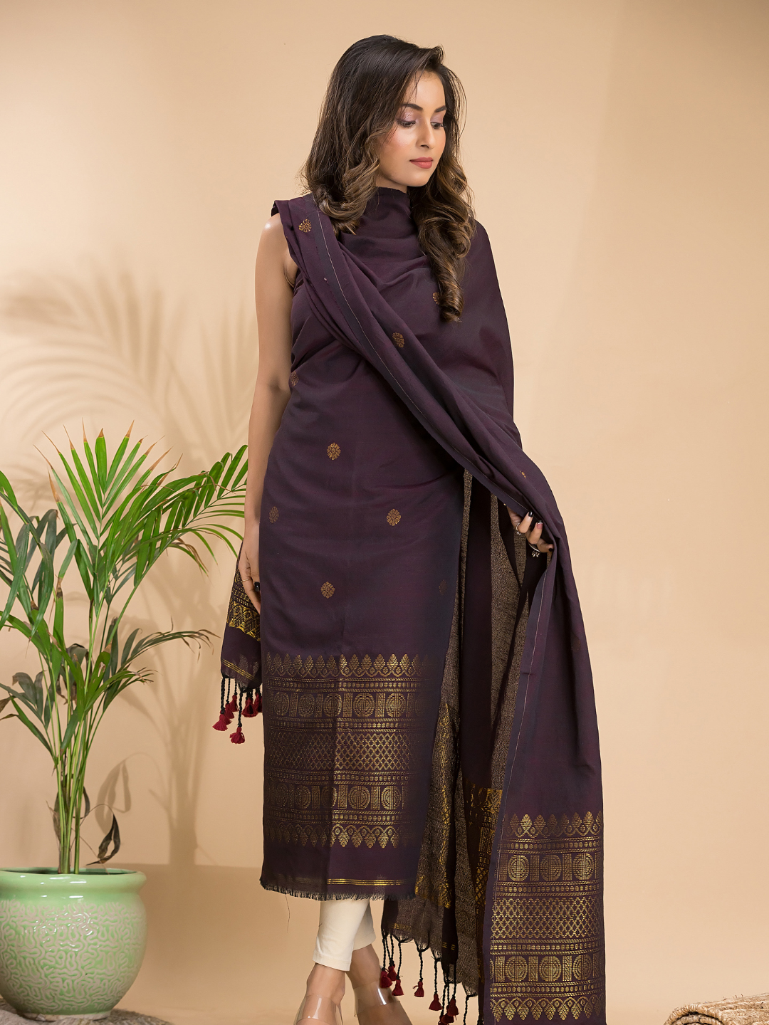 Umber Brown Organic Linen 2-Piece Set Kurti & Dupatta (UNSTITCHED) - 101