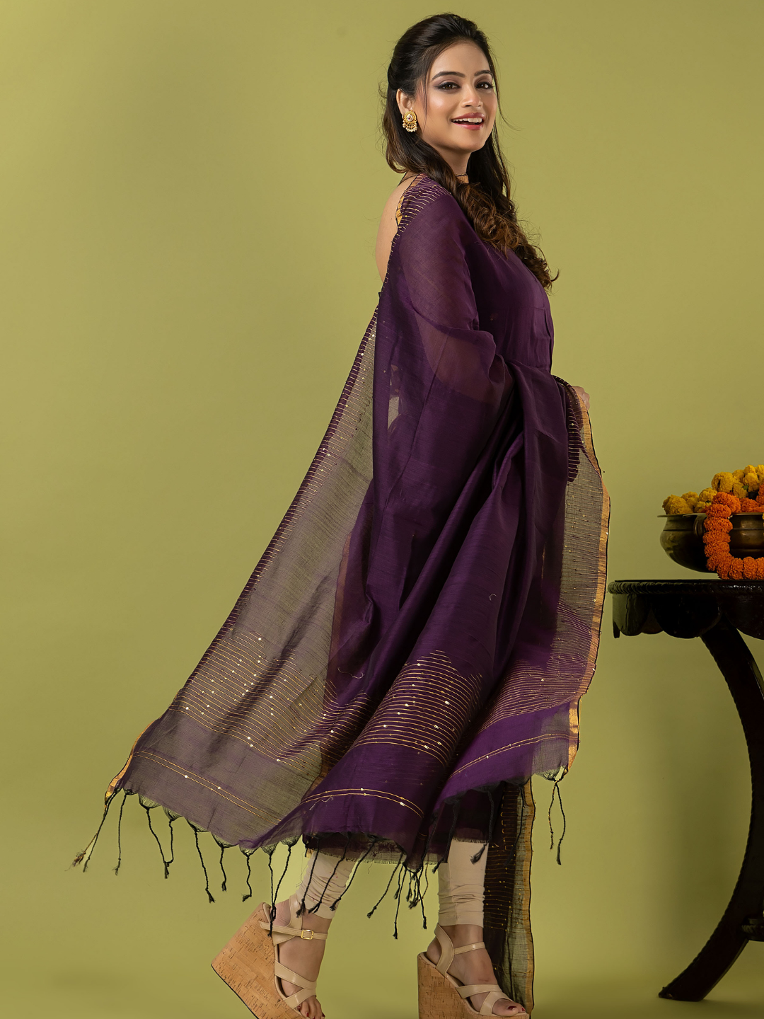 Handwoven Jamdani cotton Unstitched 2-piece Kurti | Aubergine Purple
