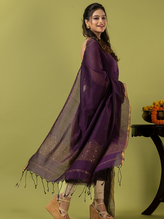 Handwoven Jamdani cotton Unstitched 2-piece Kurti | Aubergine Purple
