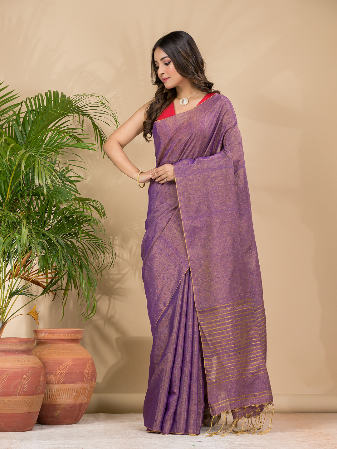 Tissue Linen Handloom Saree With Grape Purple - 017