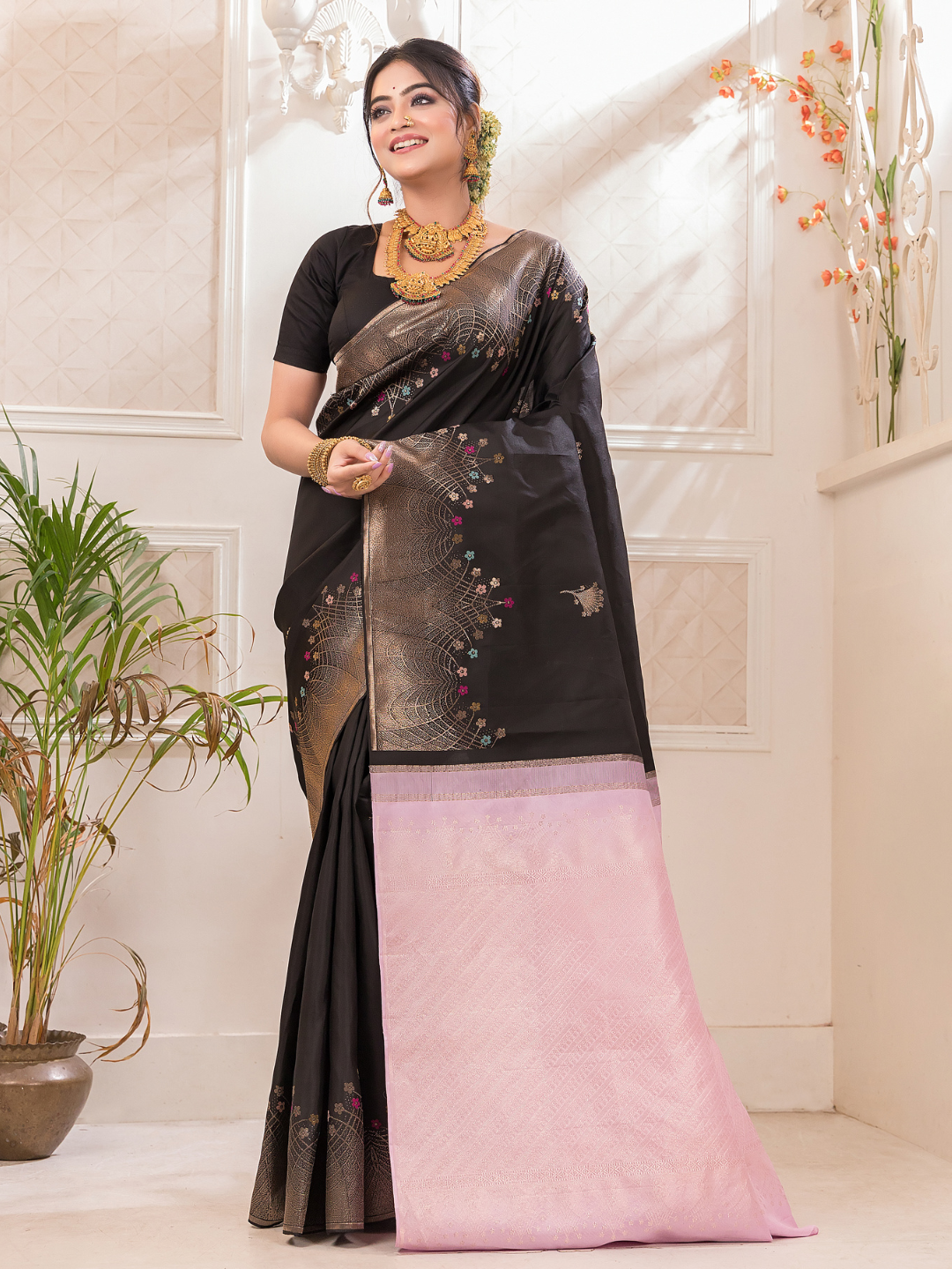 Off Black Pure Silk Mark Certified 1 Gram Gold Kanjeevaram Saree - 038