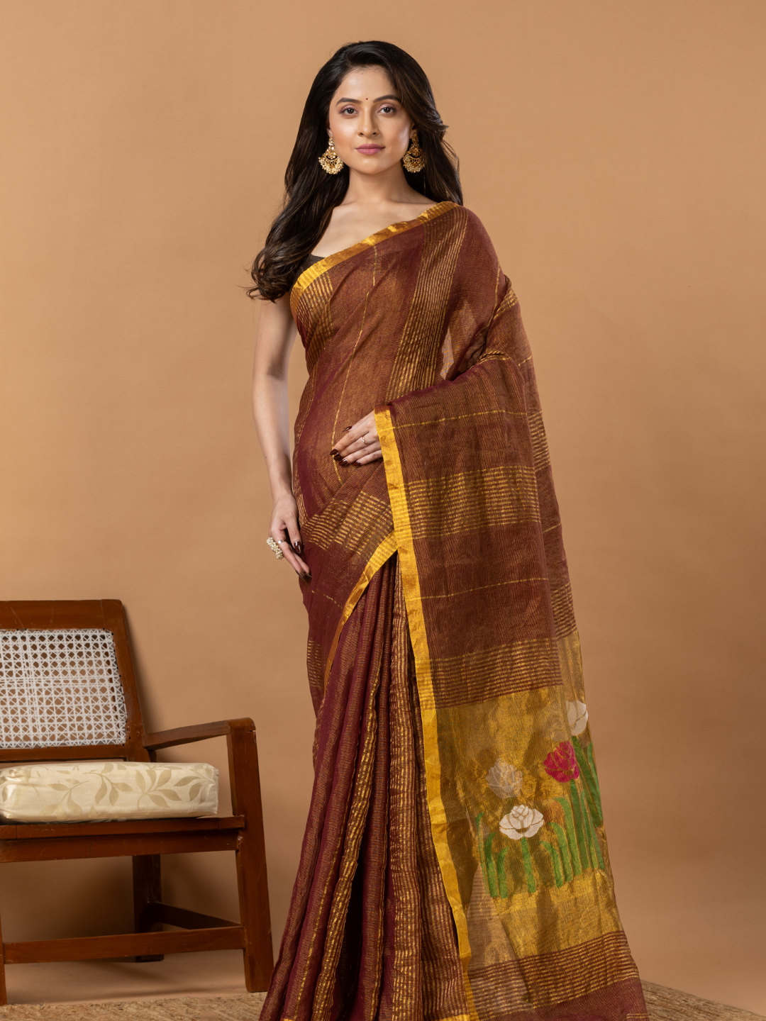 Handwoven Jamdani Silk Tissue Linen Saree | Copper Brown