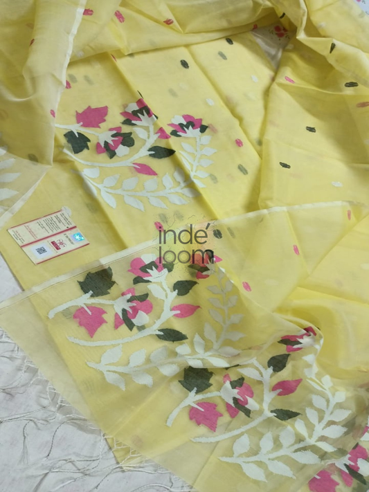 Muslin Jamdani 2-Piece Set Kurti & Dupatta (UNSTITCHED) Lime Yellow -953