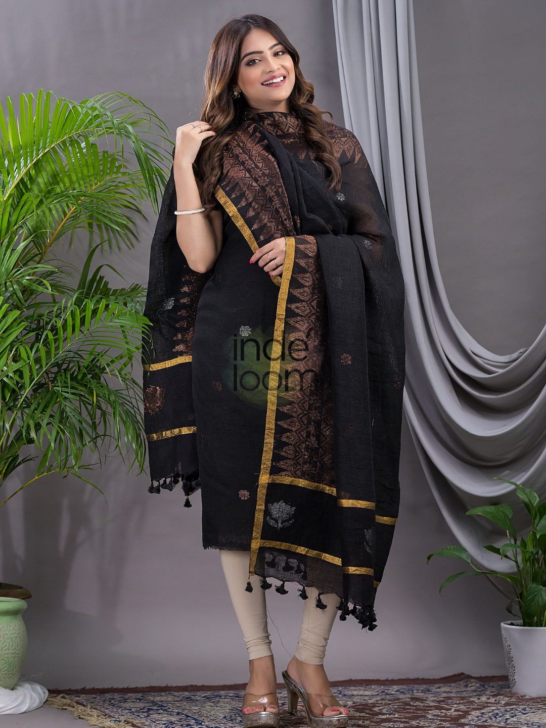 Coal Black Linen X Linen 2-Piece Set Kurti & Dupatta (UNSTITCHED) - 103