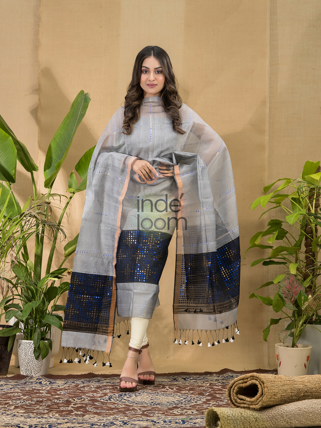Pigeon Blue Sequin Jamdani 2-Piece Set Kurti & Dupatta (UNSTITCHED) -696