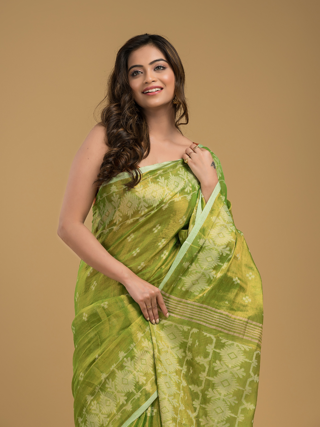 Tissue Silk Jamdani Saree Olive Green -043