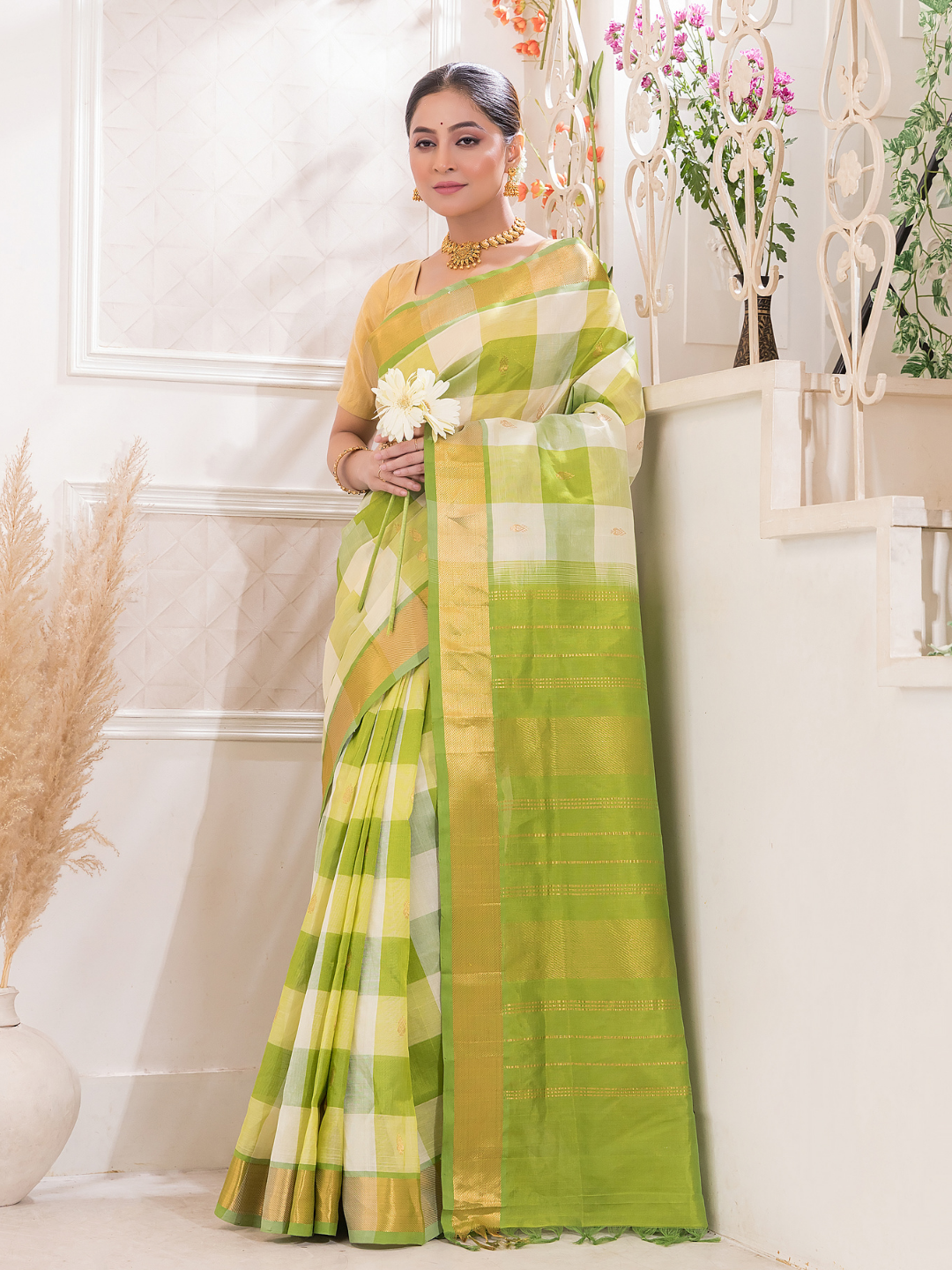 Pure Handloom Korvai Saree | Zari Checks | White and Green