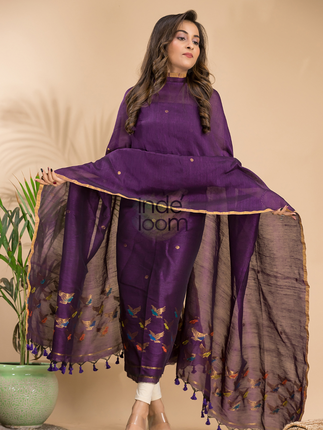 Wine Purple Cotton Linen 2-Piece Set Kurti & Dupatta (UNSTITCHED) - 003