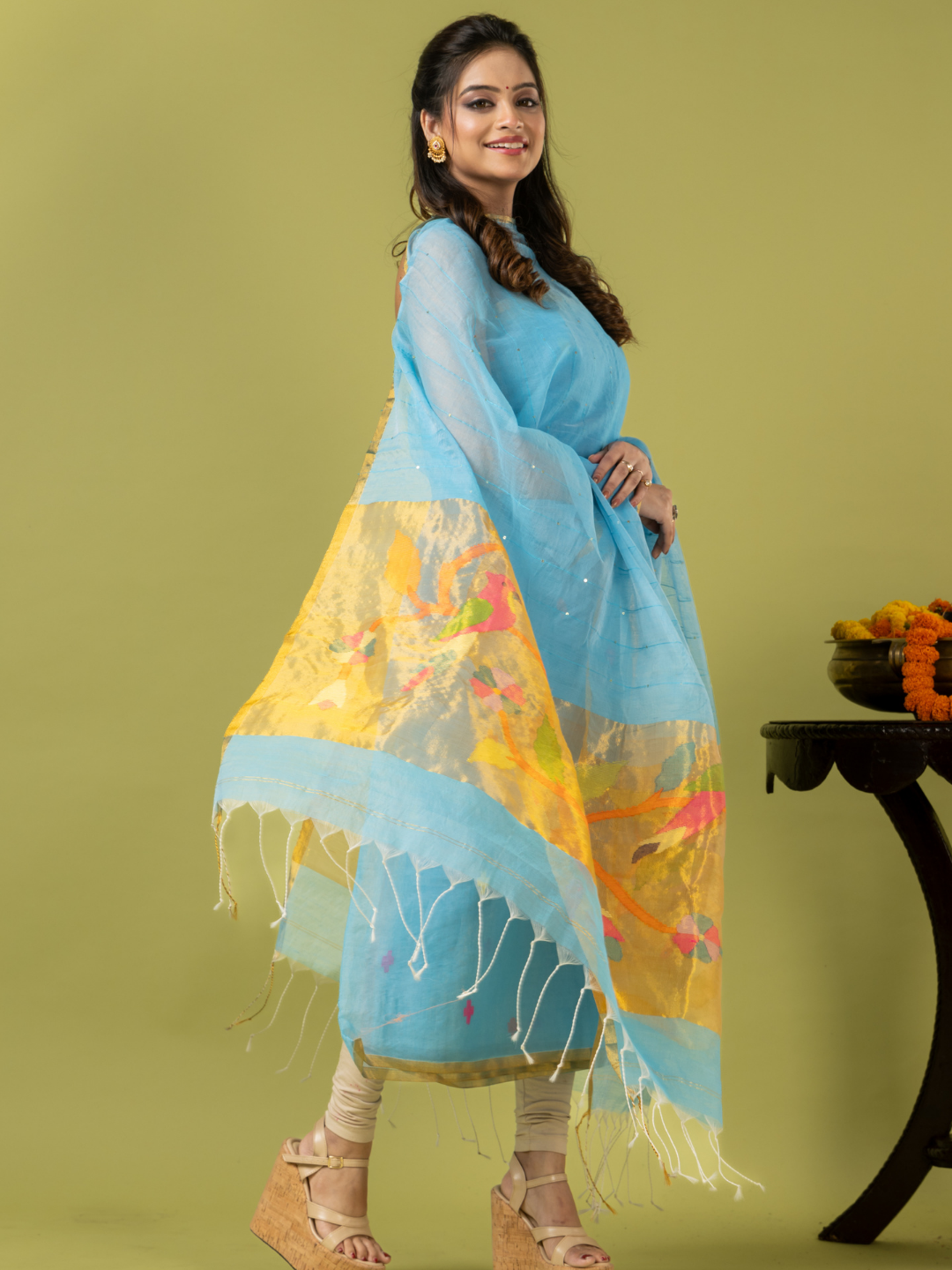 Handwoven Jamdani Muslin Unstitched 2-piece Kurti | Sky Blue