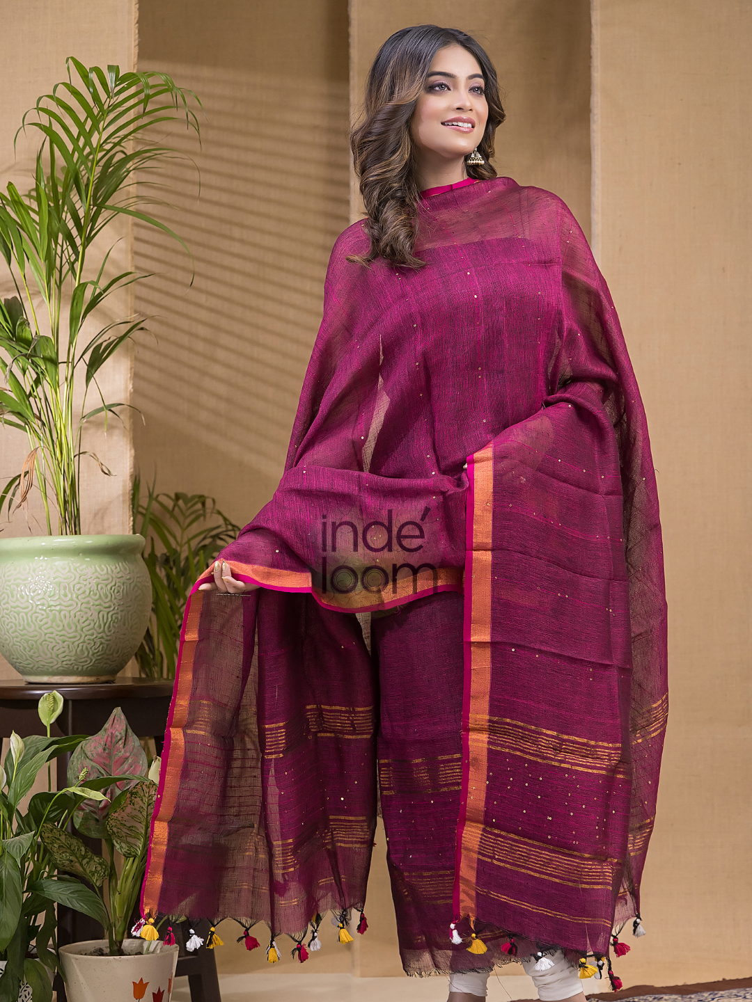 Peach Pink Pure Linen Sequin Suit 2 Piece Set Kurti & Dupatta (UNSTITCHED) -645