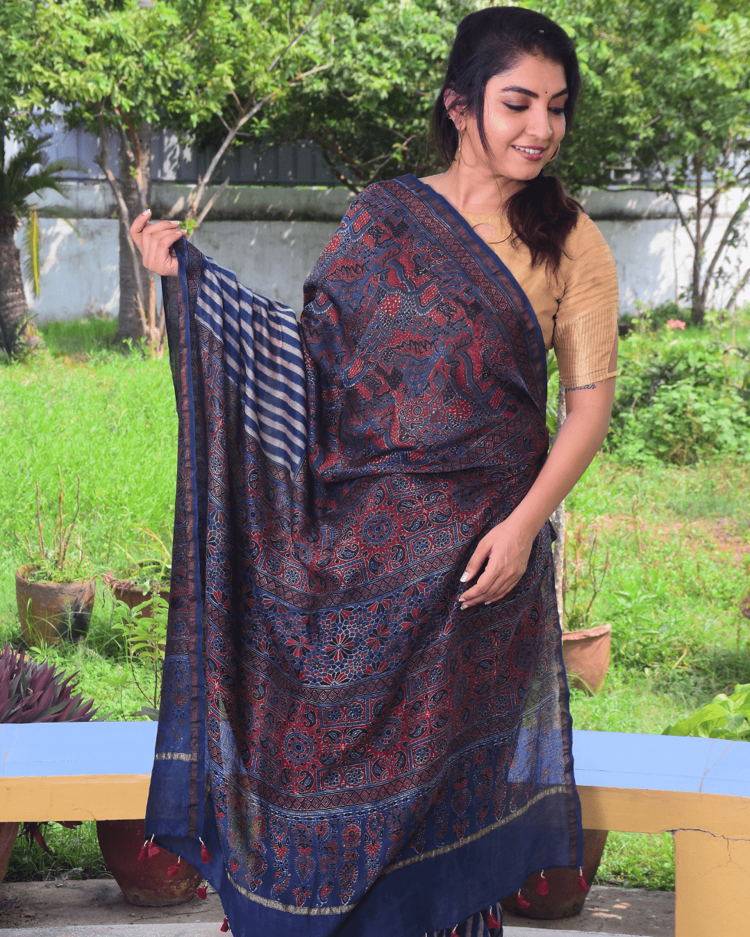 Ajrakh Exclusive Designer Chanderi Cotton Saree in Navy Blue and Red - 037 - indeloom