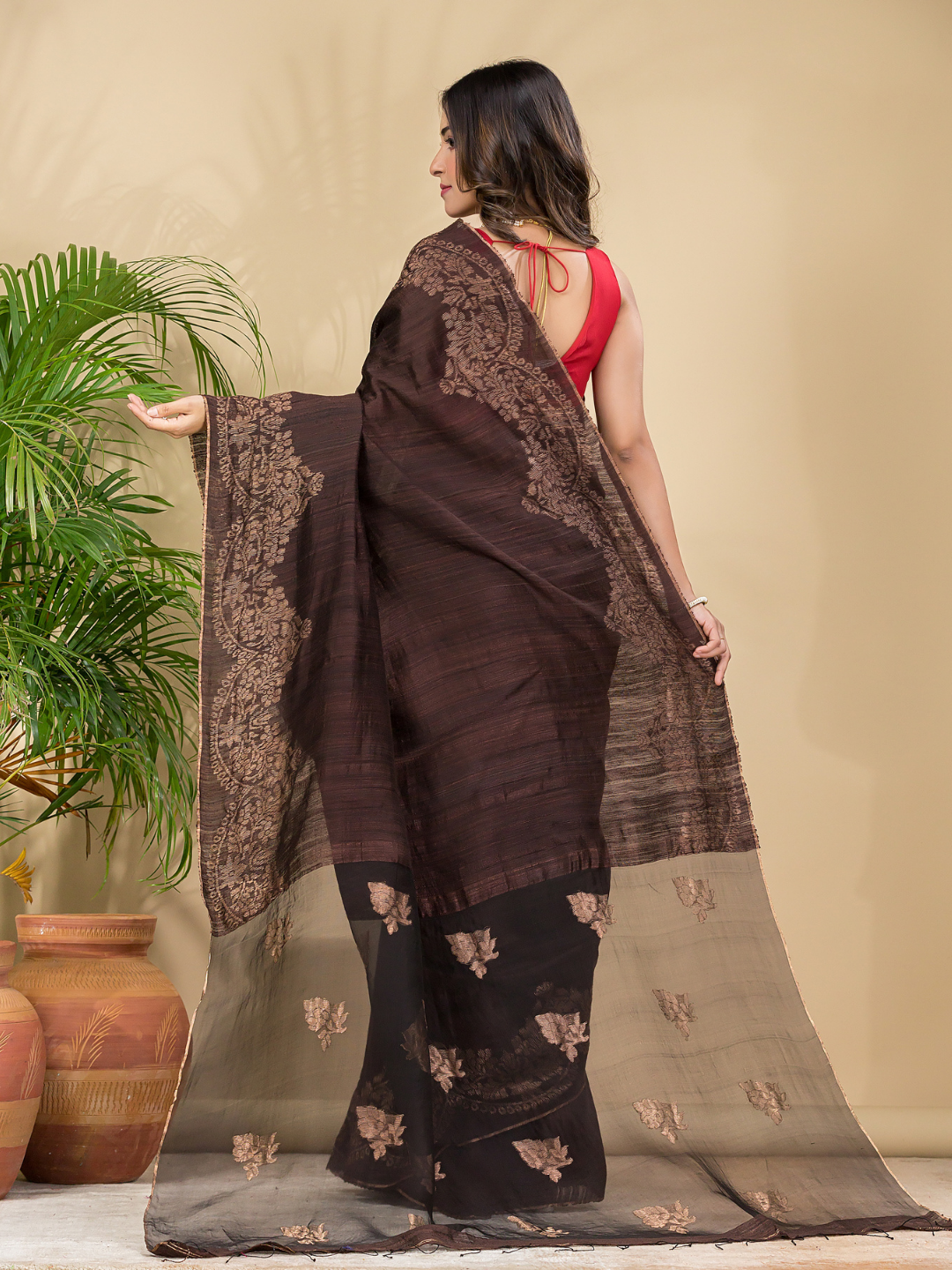 Matka Silk Jamdani Saree With Dark Brown - 022