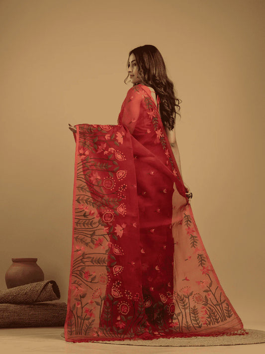 Handwoven Pure Jamdani Muslin Saree  |  Classic Red