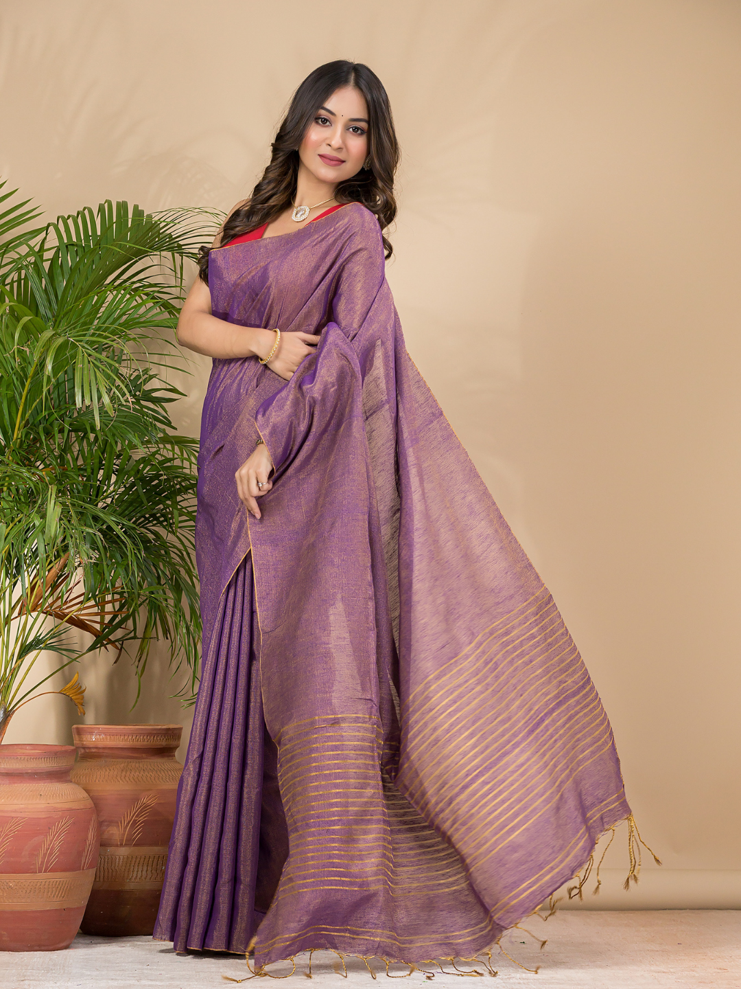 Tissue Linen Handloom Saree With Grape Purple - 017