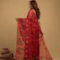 Pure Hand Made Muslin Jamdani Saree With Chilli Red - 026