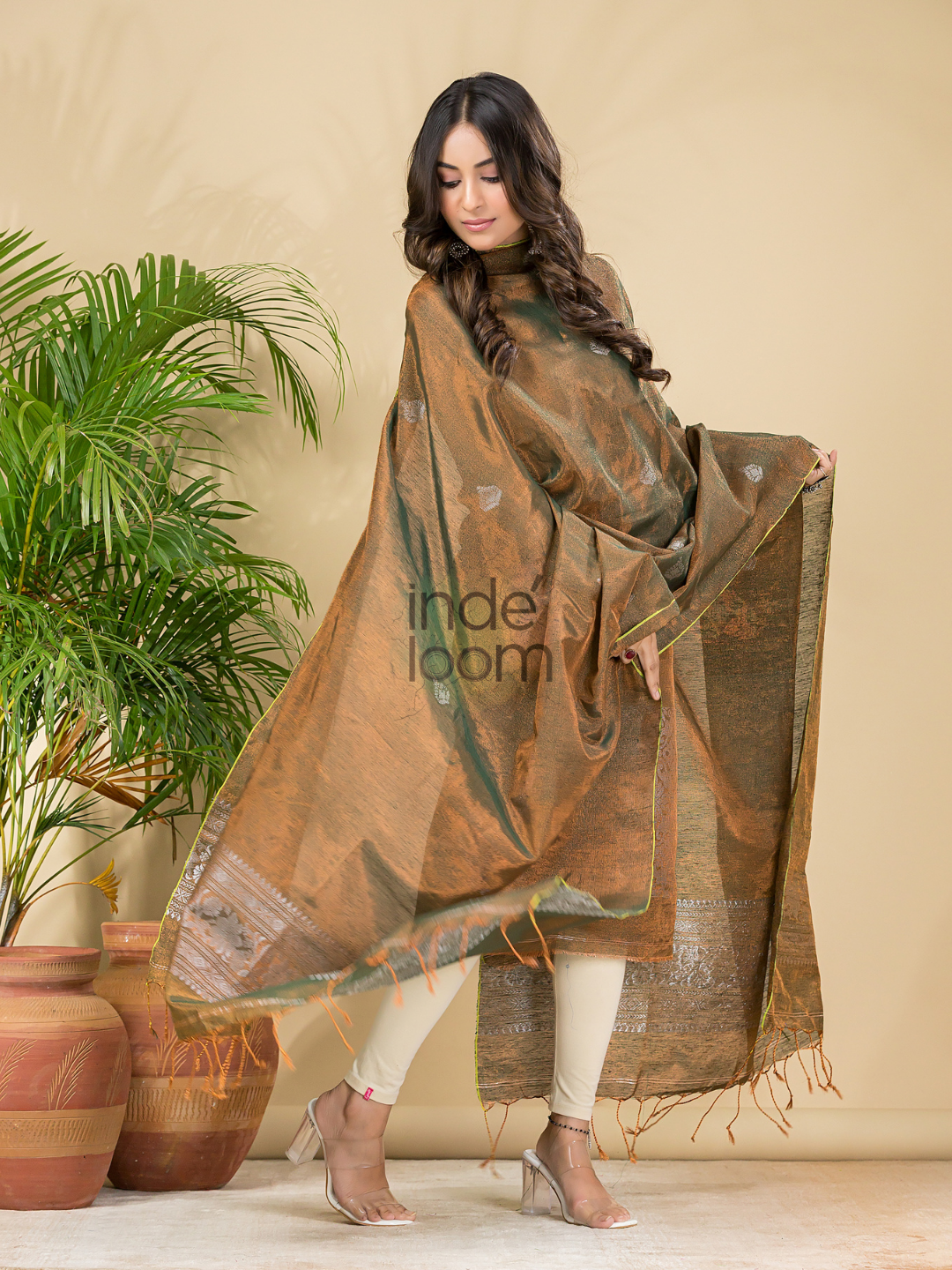 Desert Brown Tissue Linen Silver Zari Jamdani 2-Piece Set Kurti & Dupatta (UNSTITCHED) - 882