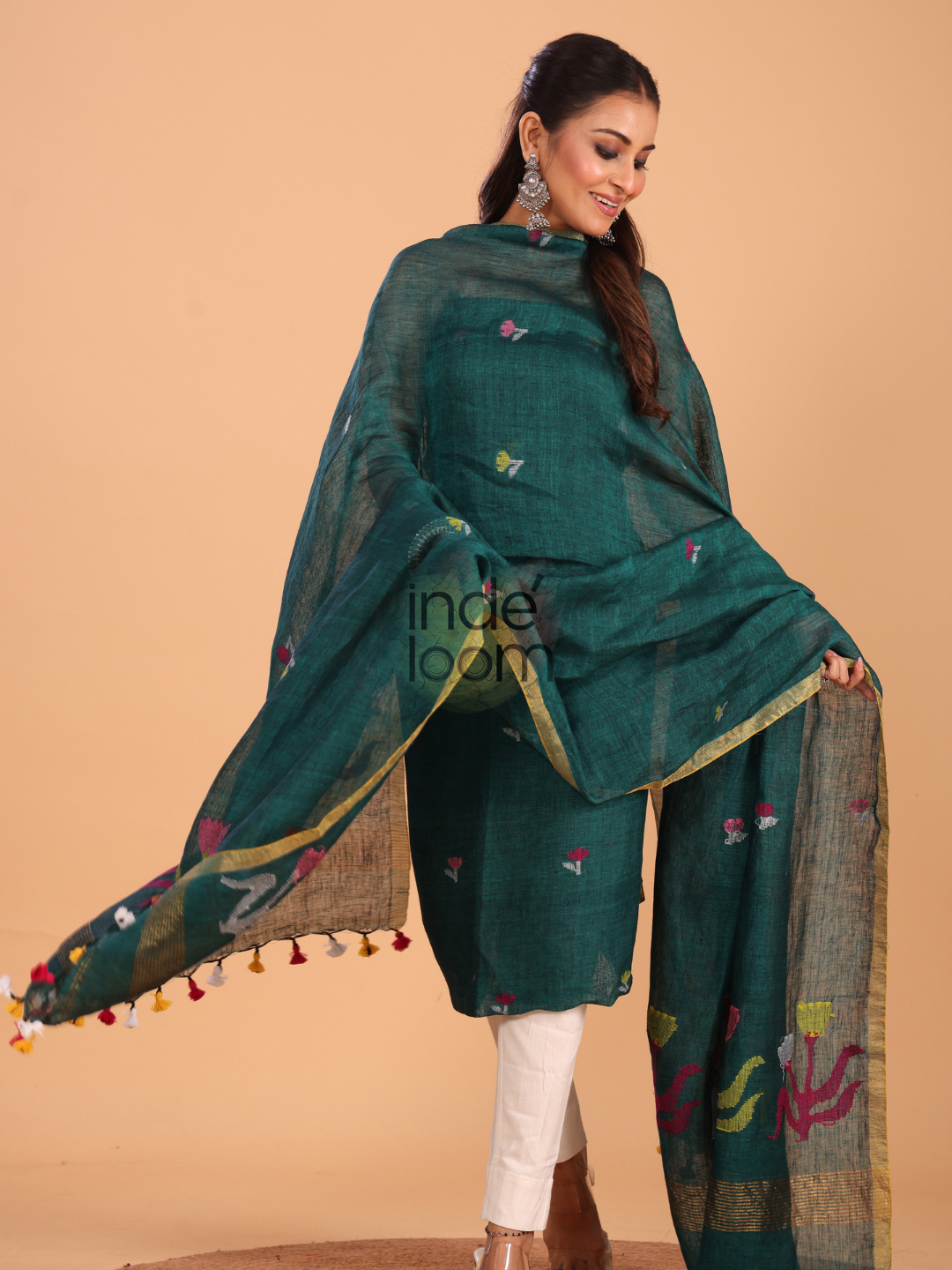 Pine Green Linen Jamdani 2-Piece Set Kurti & Dupatta (UNSTITCHED) - 076