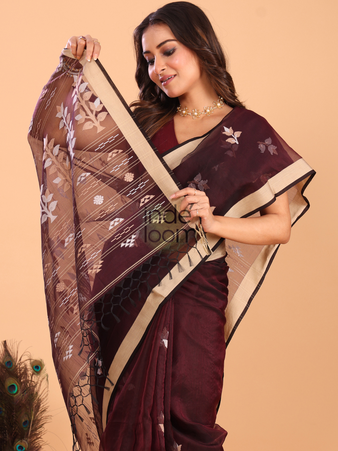Silk Jamdani Saree With Burgundy Red Brown - 155