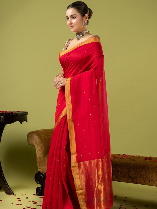 Handwoven Chanderi Silk Cotton Saree | Classic Red