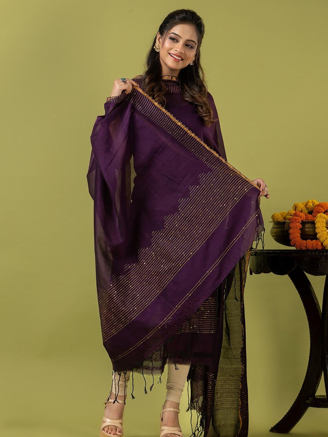 Handwoven Jamdani cotton Unstitched 2-piece Kurti | Aubergine Purple