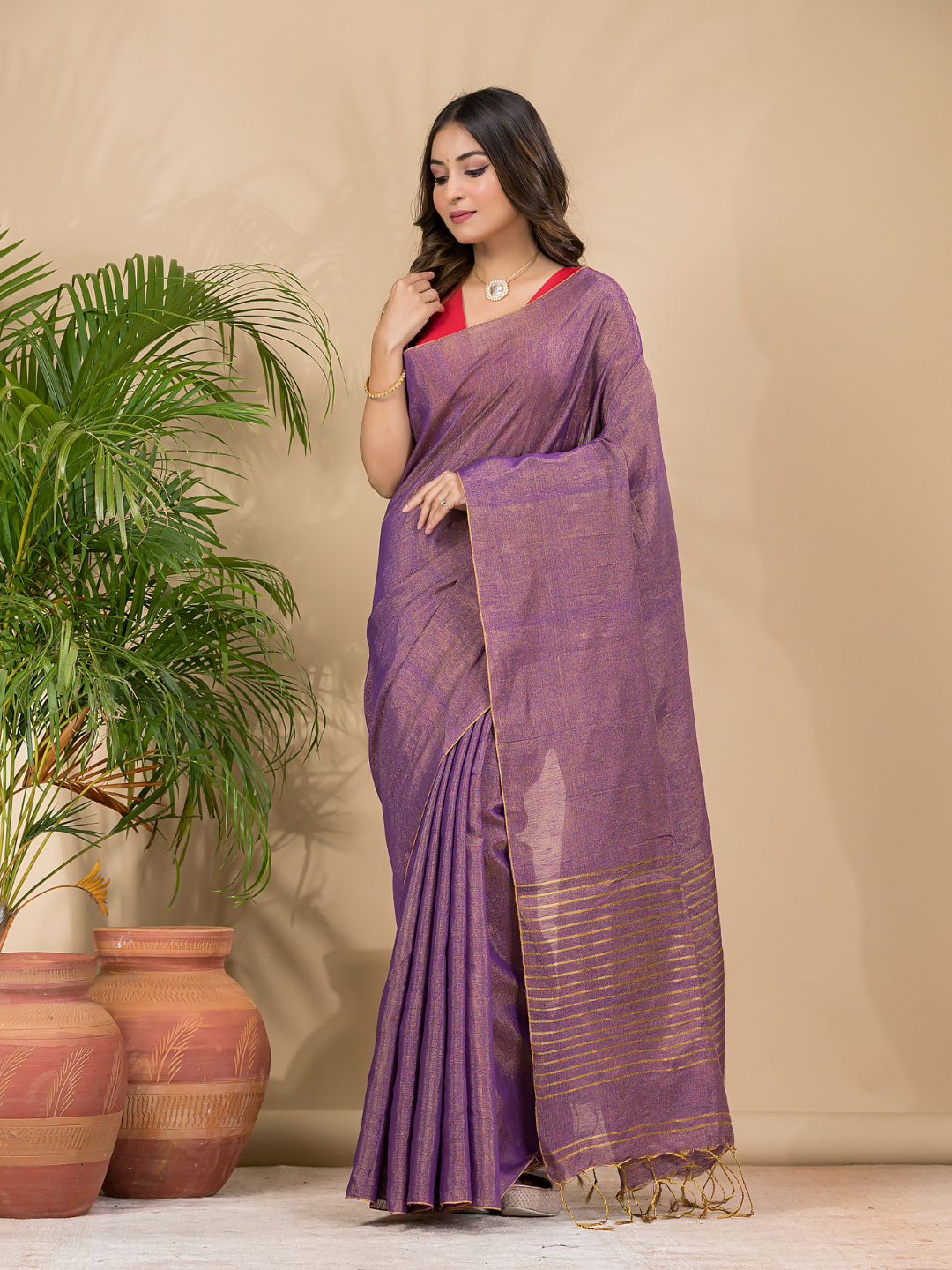 Tissue Linen Handloom Saree With Grape Purple - 017