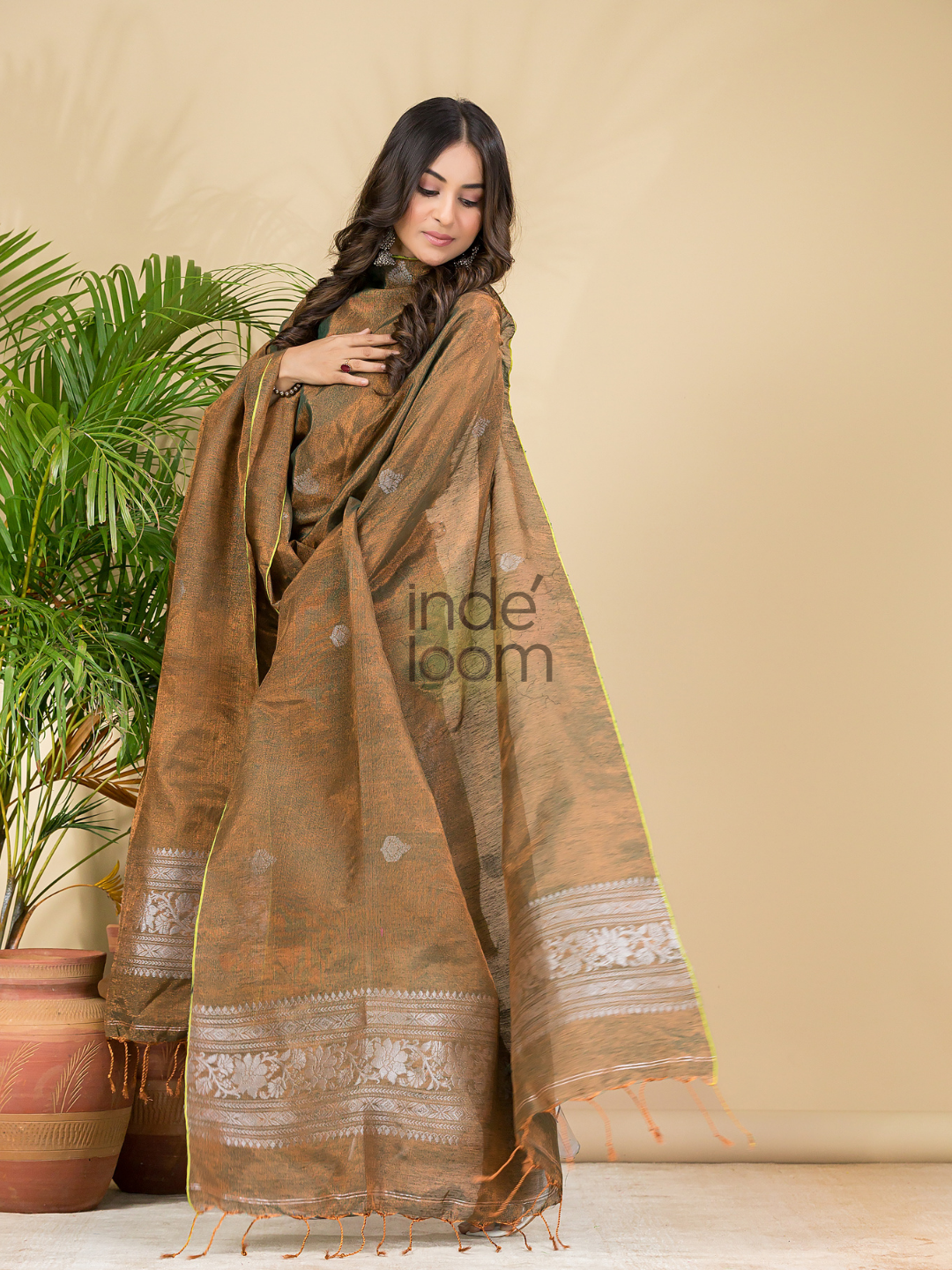 Desert Brown Tissue Linen Silver Zari Jamdani 2-Piece Set Kurti & Dupatta (UNSTITCHED) - 882