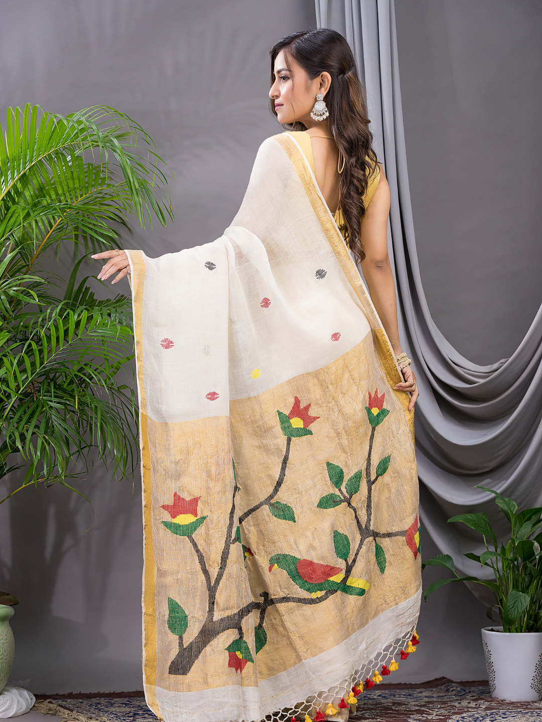 Linen Jamdani Saree With Pearl White - 026