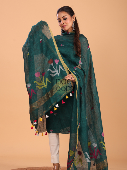 Pine Green Linen Jamdani 2-Piece Set Kurti & Dupatta (UNSTITCHED) - 076