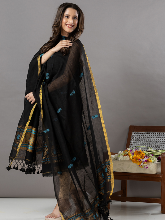 Handwoven Jamdani Linen Unstitched 2-Piece Kurti | Jet Black