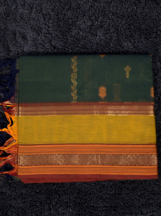 Kanchi Cotton|Bottle Green & Leaf yellow/ Maroon