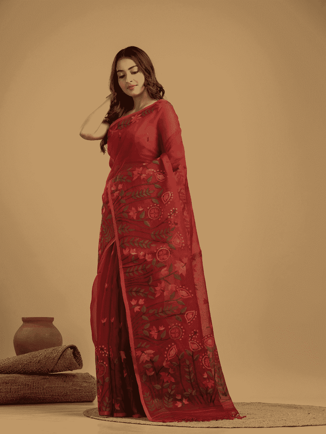 Pure Hand Made Muslin Jamdani Saree With Chilli Red - 026