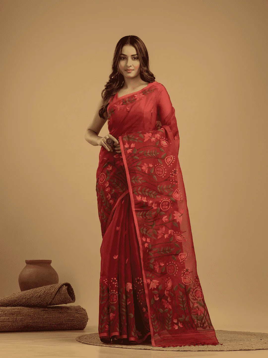 Handwoven Pure Jamdani Muslin Saree  |  Classic Red