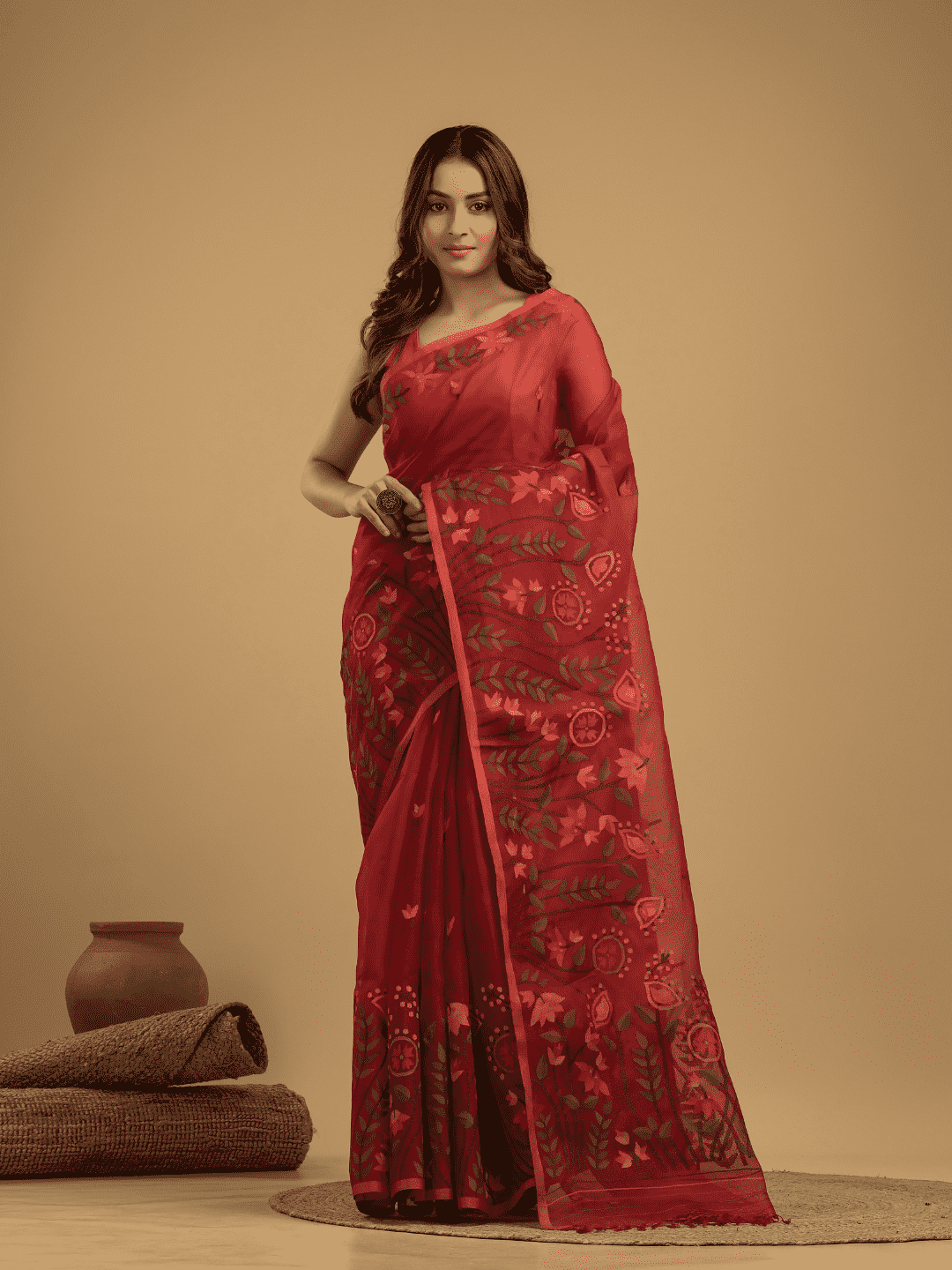 Pure Hand Made Muslin Jamdani Saree With Chilli Red - 026